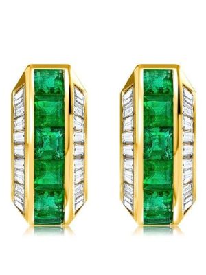 18K Gold Plated Emerald Huggie Hoop Earrings for Women, Sterling Silver, Hinged Back