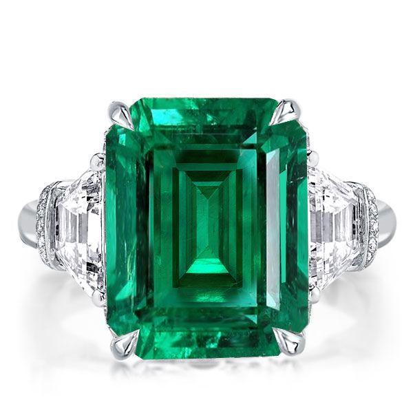 Emerald Three Stone Engagement Ring - 925 Sterling Silver