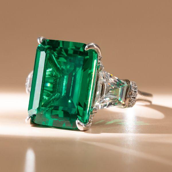 Emerald Three Stone Engagement Ring - 925 Sterling Silver