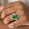 Emerald Three Stone Engagement Ring - 925 Sterling Silver