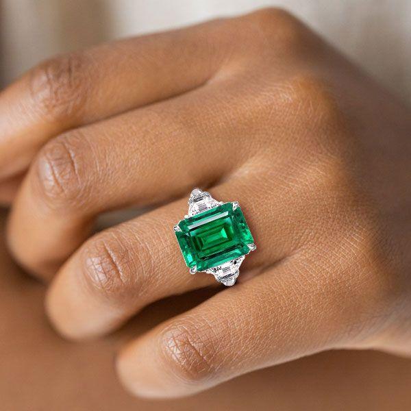 Emerald Three Stone Engagement Ring - 925 Sterling Silver
