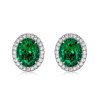 Oval Green Emerald Stud Earrings in Sterling Silver - Rhodium Plated