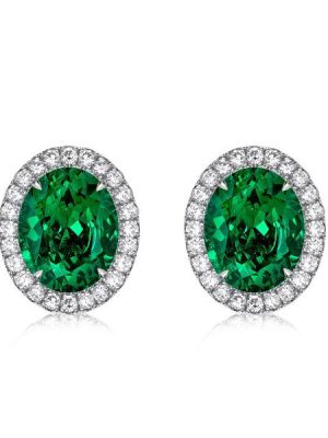Oval Green Emerald Stud Earrings in Sterling Silver - Rhodium Plated