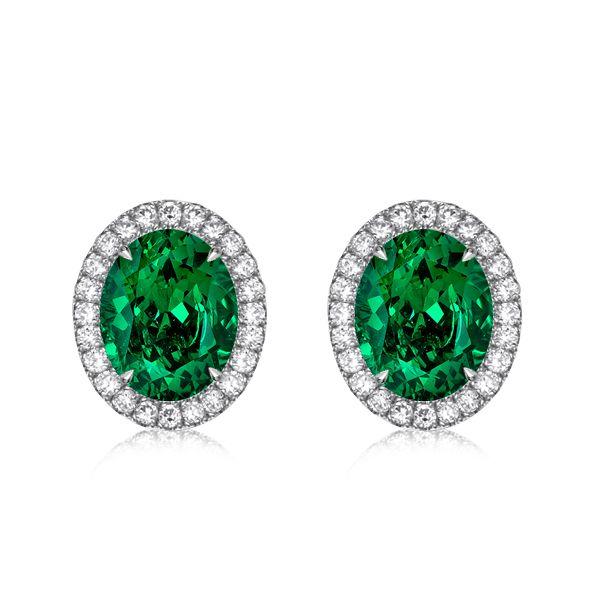 Oval Green Emerald Stud Earrings in Sterling Silver - Rhodium Plated
