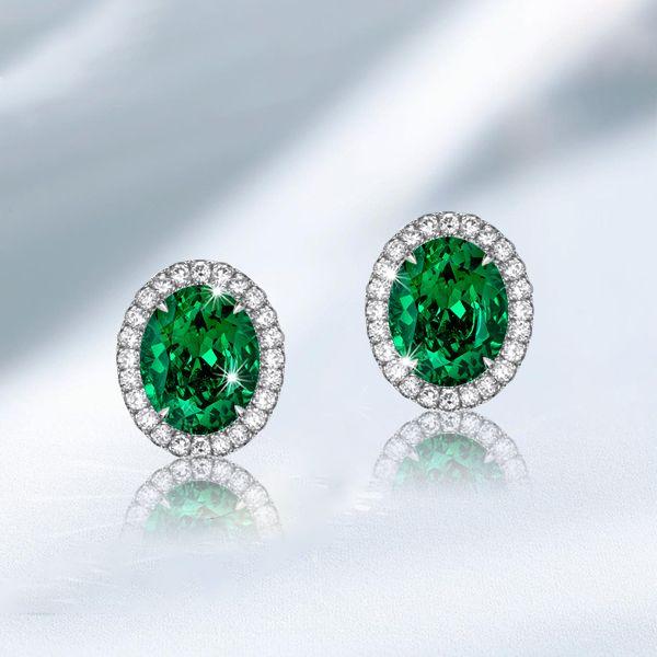 Oval Green Emerald Stud Earrings in Sterling Silver - Rhodium Plated