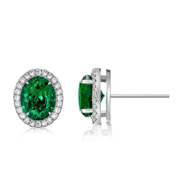Oval Green Emerald Stud Earrings in Sterling Silver - Rhodium Plated