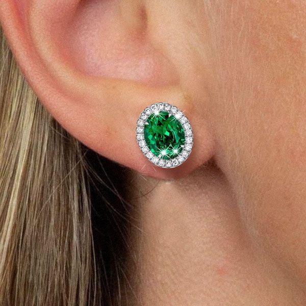 Oval Green Emerald Stud Earrings in Sterling Silver - Rhodium Plated