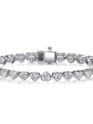 Bezel Heart Tennis Bracelet - Sterling Silver with CZ - 6, 7, 8, 9 Inches