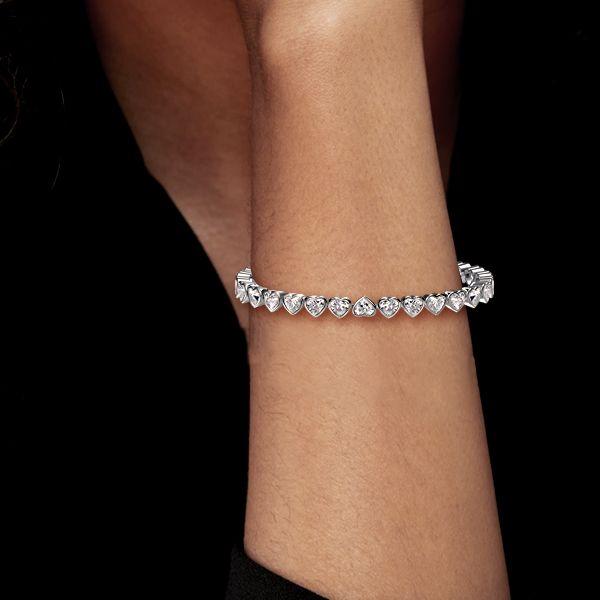 Bezel Heart Tennis Bracelet - Sterling Silver with CZ - 6, 7, 8, 9 Inches