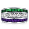 Amethyst & Emerald Green Wedding Band - Sterling Silver Triple Row Ring