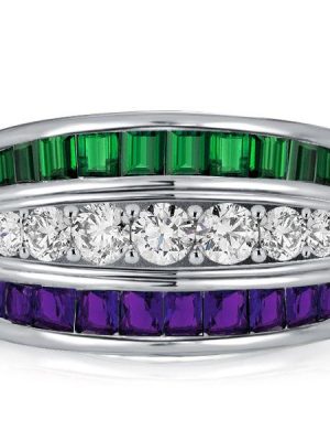 Amethyst & Emerald Green Wedding Band - Sterling Silver Triple Row Ring