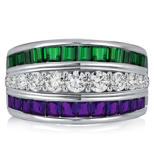 Amethyst & Emerald Green Wedding Band - Sterling Silver Triple Row Ring