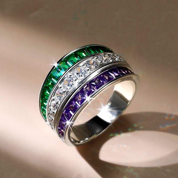 Amethyst & Emerald Green Wedding Band - Sterling Silver Triple Row Ring