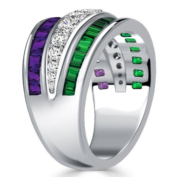 Amethyst & Emerald Green Wedding Band - Sterling Silver Triple Row Ring