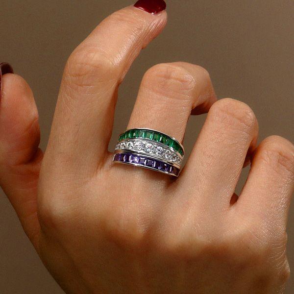 Amethyst & Emerald Green Wedding Band - Sterling Silver Triple Row Ring