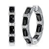Baguette Cut Black Sterling Silver Hoop Earrings, Rhodium Plated, Hinged Back
