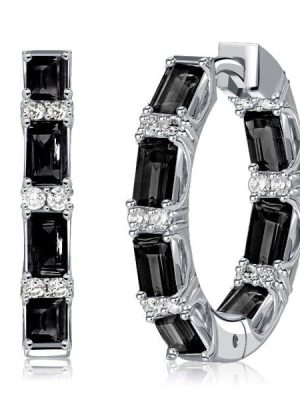 Baguette Cut Black Sterling Silver Hoop Earrings, Rhodium Plated, Hinged Back