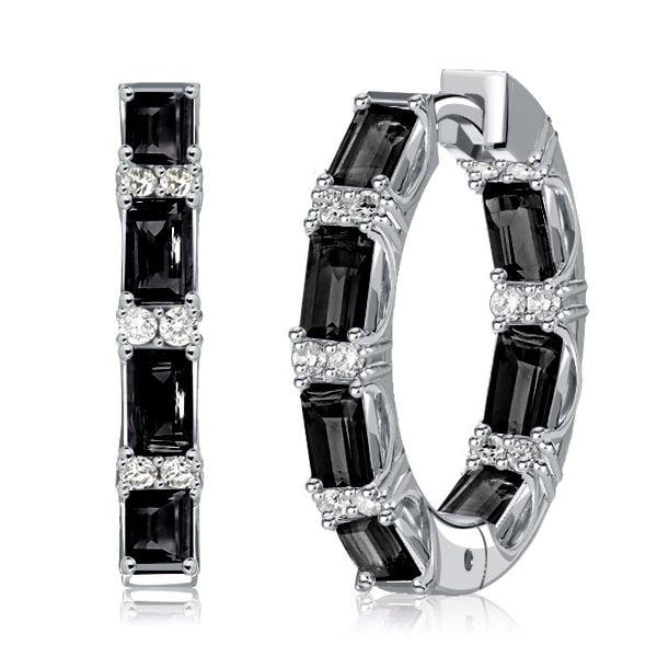 Baguette Cut Black Sterling Silver Hoop Earrings, Rhodium Plated, Hinged Back