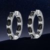 Baguette Cut Black Sterling Silver Hoop Earrings, Rhodium Plated, Hinged Back