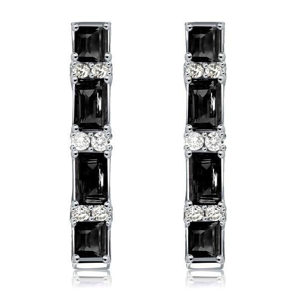 Baguette Cut Black Sterling Silver Hoop Earrings, Rhodium Plated, Hinged Back