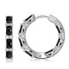 Baguette Cut Black Sterling Silver Hoop Earrings, Rhodium Plated, Hinged Back