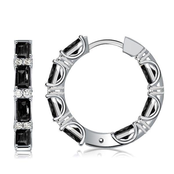Baguette Cut Black Sterling Silver Hoop Earrings, Rhodium Plated, Hinged Back