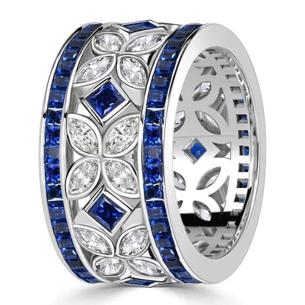 Sterling Silver Blue Sapphire Eternity Band with Marquise & Princess Cut Stones