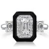 Two-Tone Emerald Cut Halo Engagement Ring - Sterling Silver Three Stone