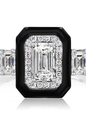 Two-Tone Emerald Cut Halo Engagement Ring - Sterling Silver Three Stone