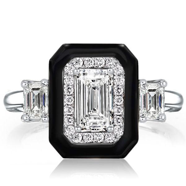 Two-Tone Emerald Cut Halo Engagement Ring - Sterling Silver Three Stone