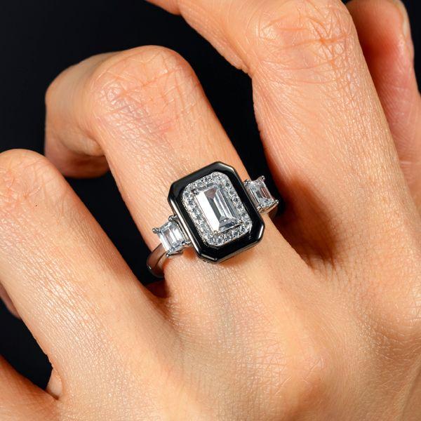 Two-Tone Emerald Cut Halo Engagement Ring - Sterling Silver Three Stone