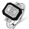 Two-Tone Emerald Cut Halo Engagement Ring - Sterling Silver Three Stone