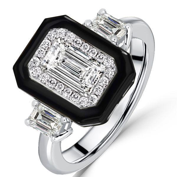 Two-Tone Emerald Cut Halo Engagement Ring - Sterling Silver Three Stone