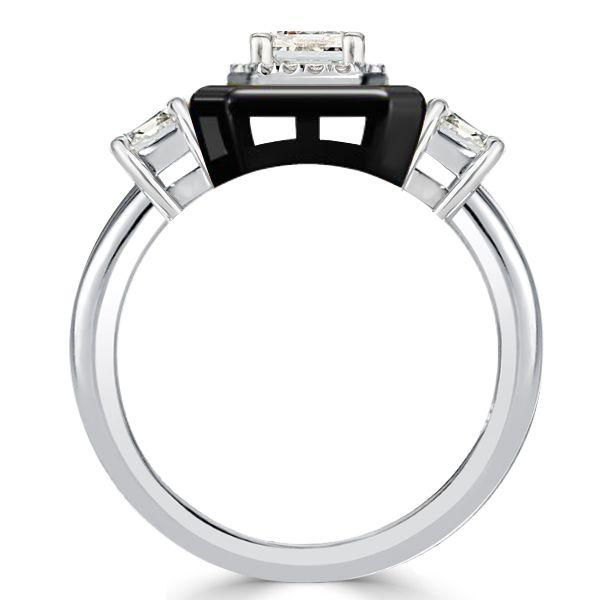 Two-Tone Emerald Cut Halo Engagement Ring - Sterling Silver Three Stone