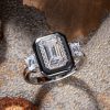 Two-Tone Emerald Cut Halo Engagement Ring - Sterling Silver Three Stone
