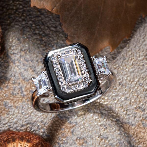 Two-Tone Emerald Cut Halo Engagement Ring - Sterling Silver Three Stone