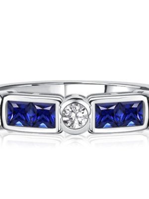 Vintage Style Princess Cut Blue Sapphire Band Ring in Rhodium-Plated Sterling Silver