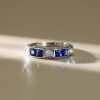 Vintage Style Princess Cut Blue Sapphire Band Ring in Rhodium-Plated Sterling Silver