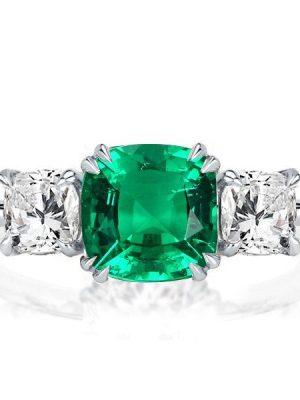 Green Cushion Cut Three Stone Engagement Ring - Sterling Silver