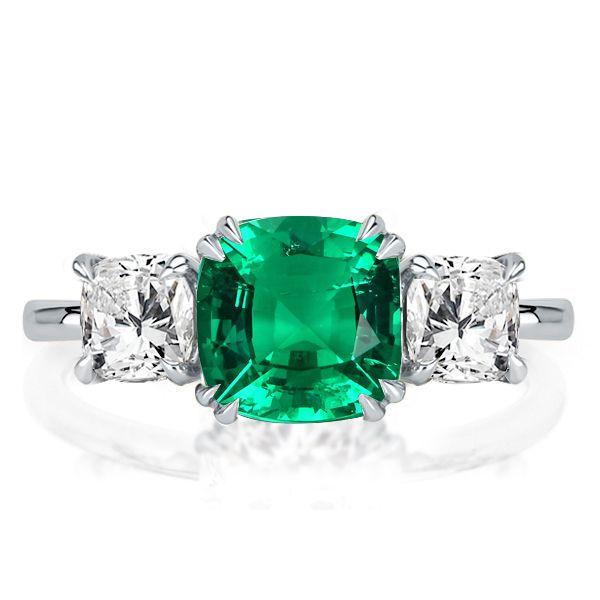 Green Cushion Cut Three Stone Engagement Ring - Sterling Silver