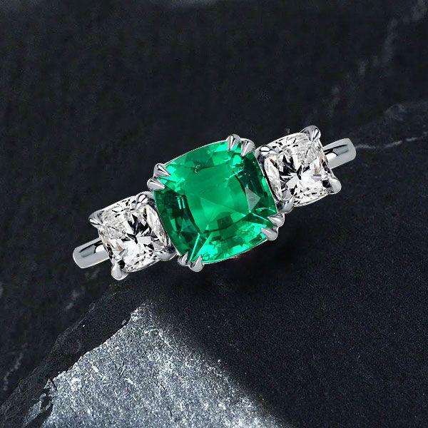 Green Cushion Cut Three Stone Engagement Ring - Sterling Silver