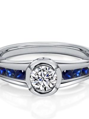 Blue Sapphire Bezel Ring - Sterling Silver White Sapphire Engagement Ring