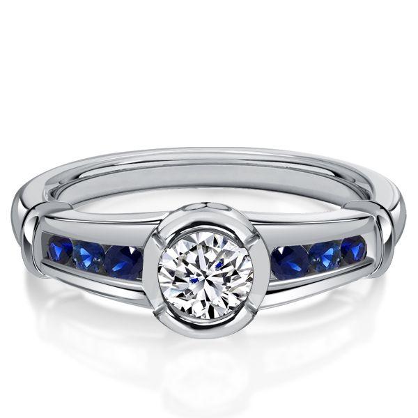Blue Sapphire Bezel Ring - Sterling Silver White Sapphire Engagement Ring