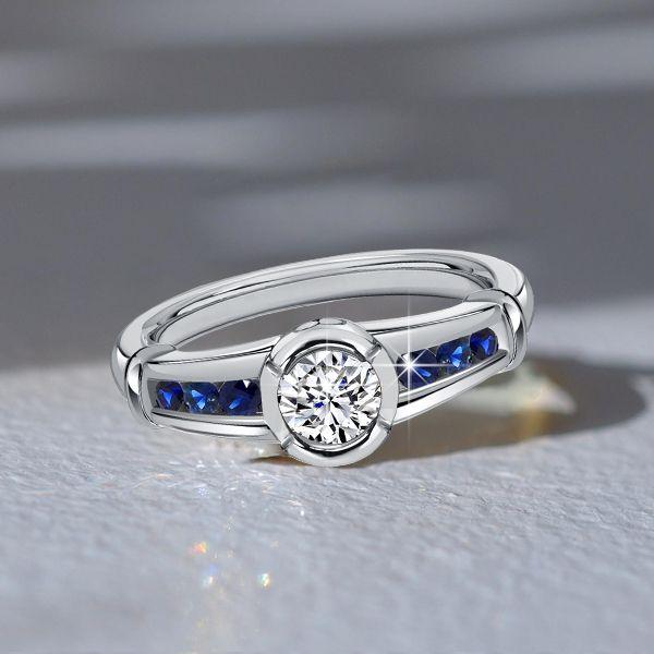 Blue Sapphire Bezel Ring - Sterling Silver White Sapphire Engagement Ring