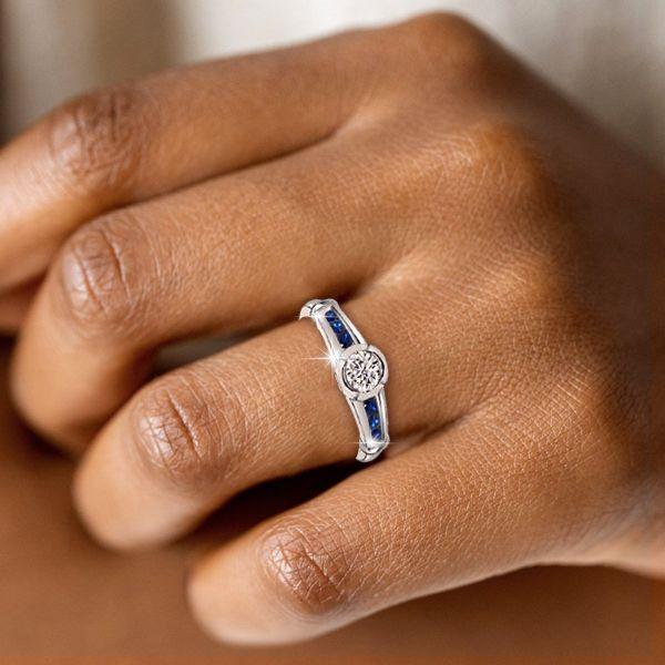 Blue Sapphire Bezel Ring - Sterling Silver White Sapphire Engagement Ring