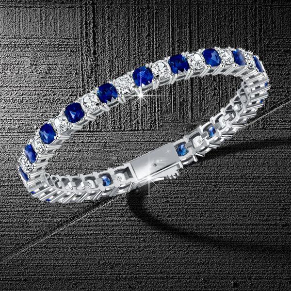 White & Blue Cushion Cut Cubic Zirconia Eternity Bracelet in Sterling Silver