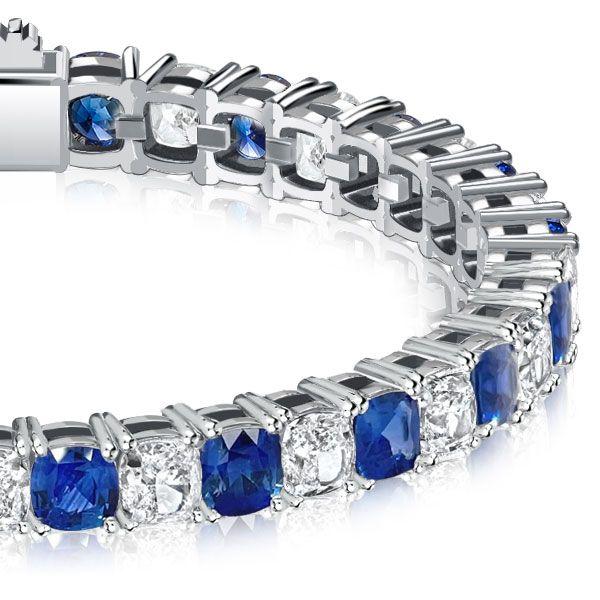 White & Blue Cushion Cut Cubic Zirconia Eternity Bracelet in Sterling Silver