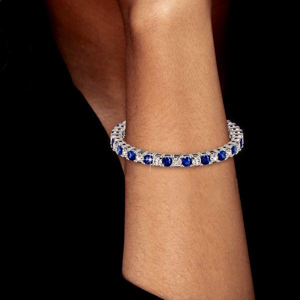 White & Blue Cushion Cut Cubic Zirconia Eternity Bracelet in Sterling Silver