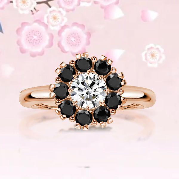 Rose Gold Round Cut White & Black Sapphire Engagement Ring - 0.80 CT
