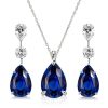 Blue Sapphire Pear Sterling Silver Necklace & Earrings Set - Rhodium Plated
